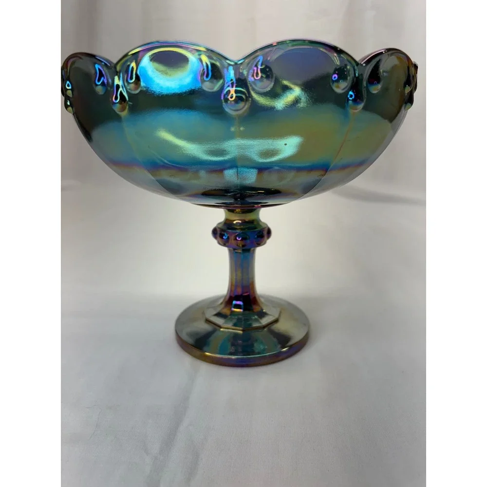 Vtg Iridescent Blue Carnival Glass Compote Scalloped Pedestal Candy Dish 7.25